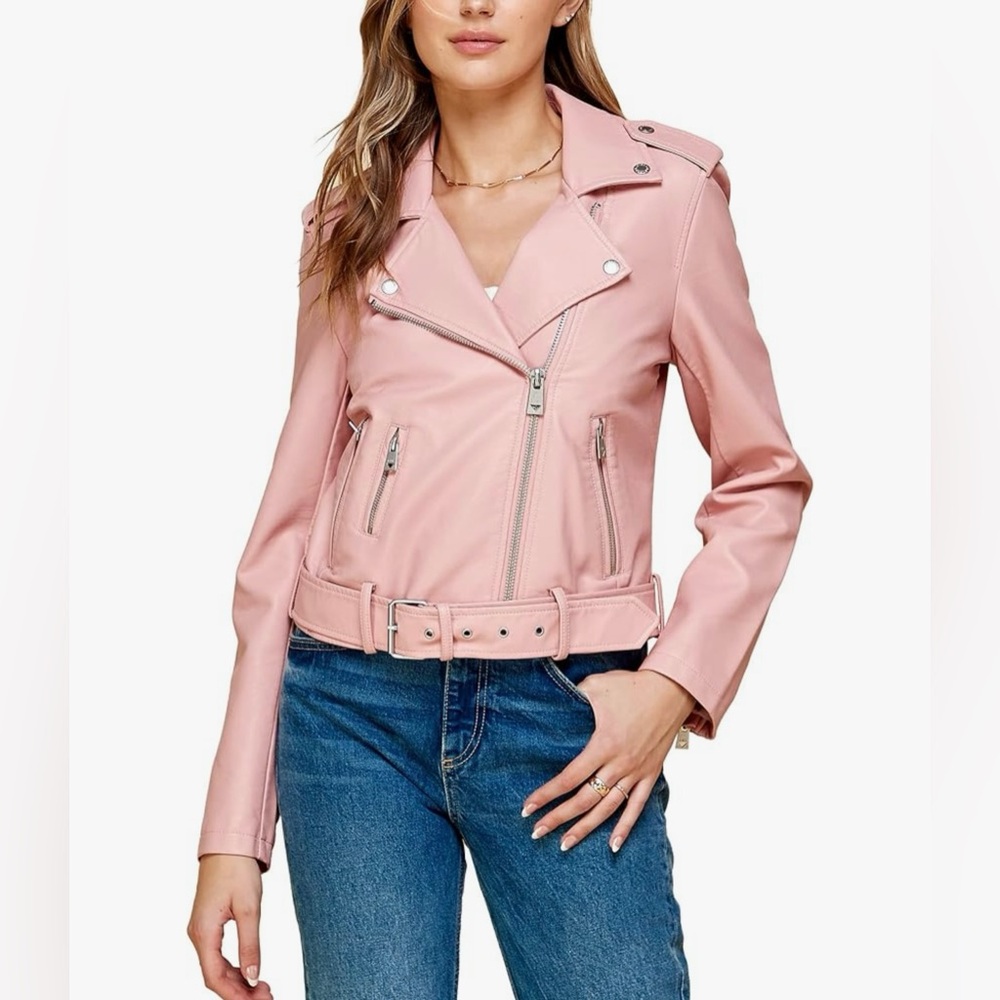 Faux Leather Zip Up Moto Biker Jacket -pink
